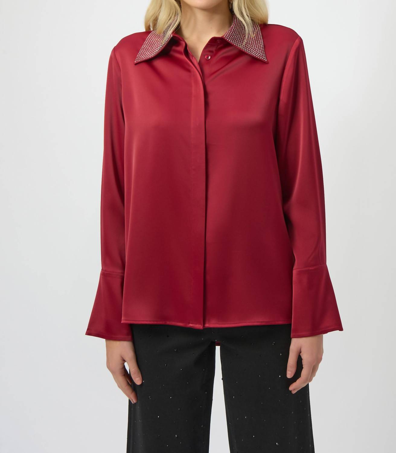 Joseph Ribkoff - Satin Button Front Blouse with Embellished Collar