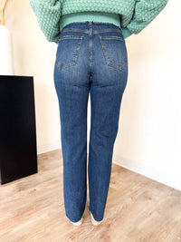 DAZE Cullen High Rise Vintage Straight Jeans in dark wash - women's jeans - detail view