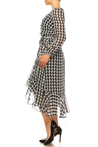 Maison Tara - Houndstooth Long Sleeve Midi Dress