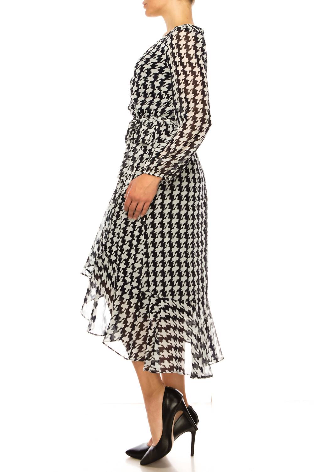Maison Tara - Houndstooth Long Sleeve Midi Dress