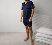 Lunya Men's Washable Silk Button Up Short Set in deep blue - men's item