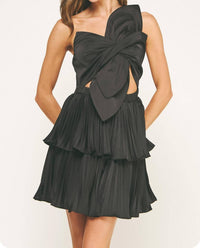 Strut & Bolt - Knotted Flower Satin Pleated Mini Dress