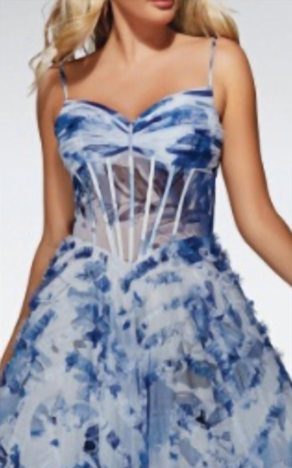 ALYCE PARIS Long Printed Ruffle Dress in blue print - women's dress - detail view