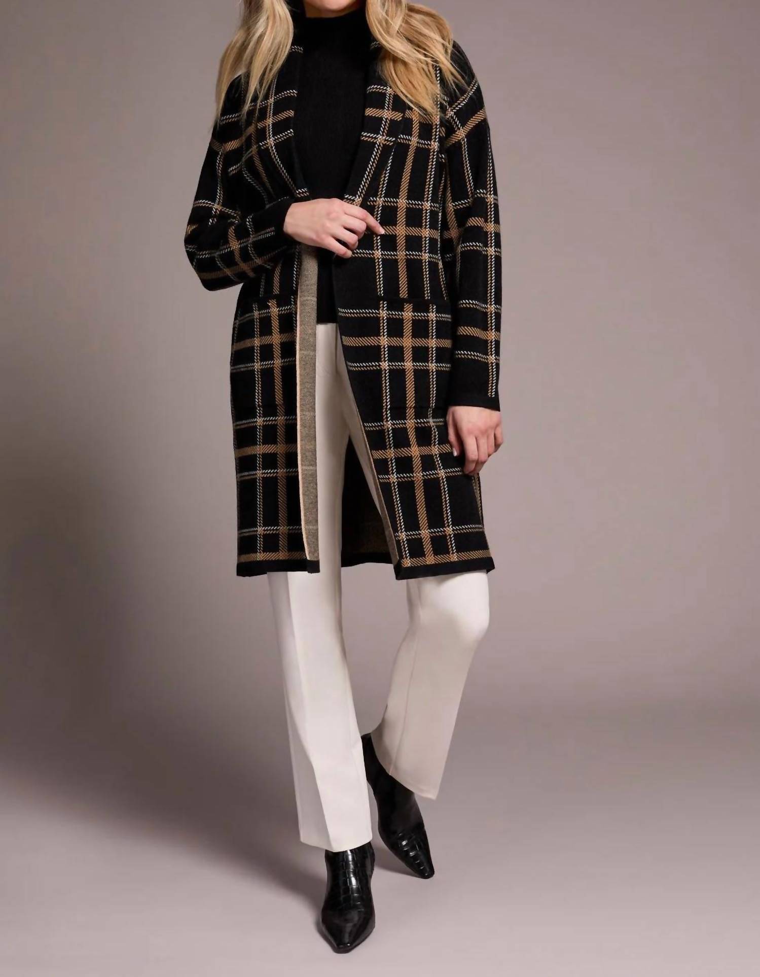 Tribal - Double Knit Long Plaid Coatigan
