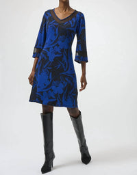 Joseph Ribkoff - Floral Print V-neck 3/4 Sleeve A-line Dress