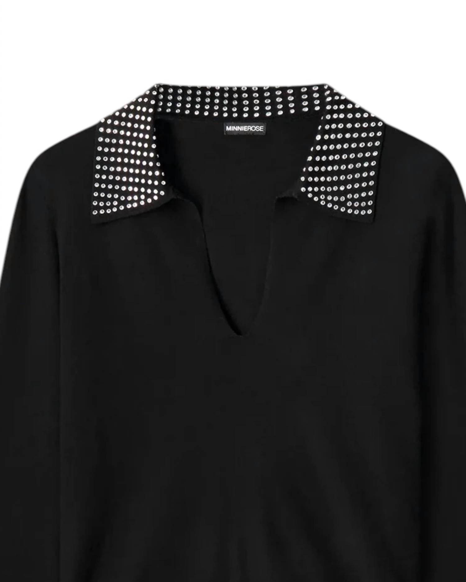 Minnie Rose - Women's Viscose Foldover Neck Top With Rhinestones