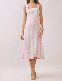 TCEC Floral Stripe Scalloped Midi Dress in pink - women's dress - detail view