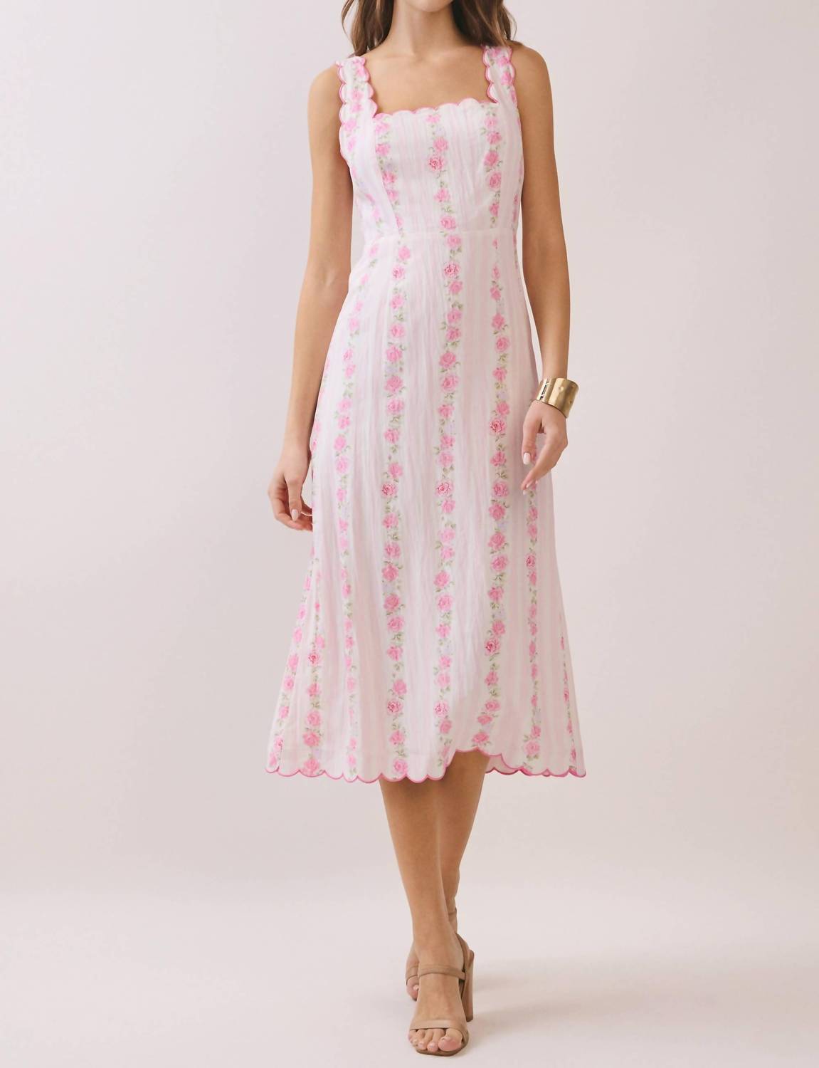 TCEC Floral Stripe Scalloped Midi Dress in pink - women's dress - detail view