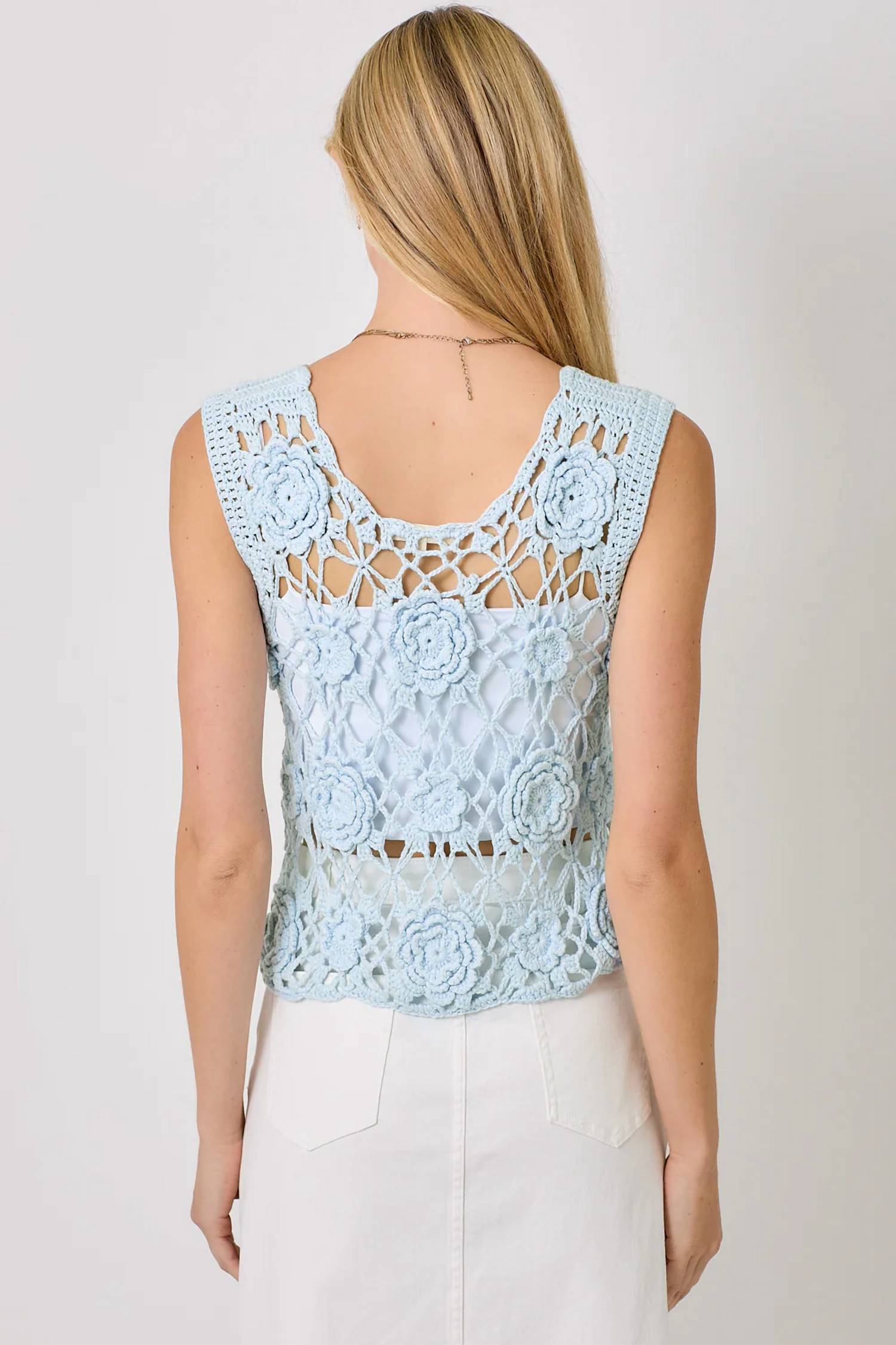 Mystree - Sleeveless Button Front Crochet Top