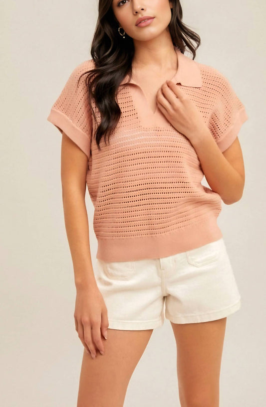 Knit & Lounge - Short Sleeve Collared Pointelle Knit Top
