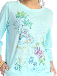 Jess & Jane Caribe Pigment Dyed Cotton Top in light aqua - women's long sleeve top - detail view