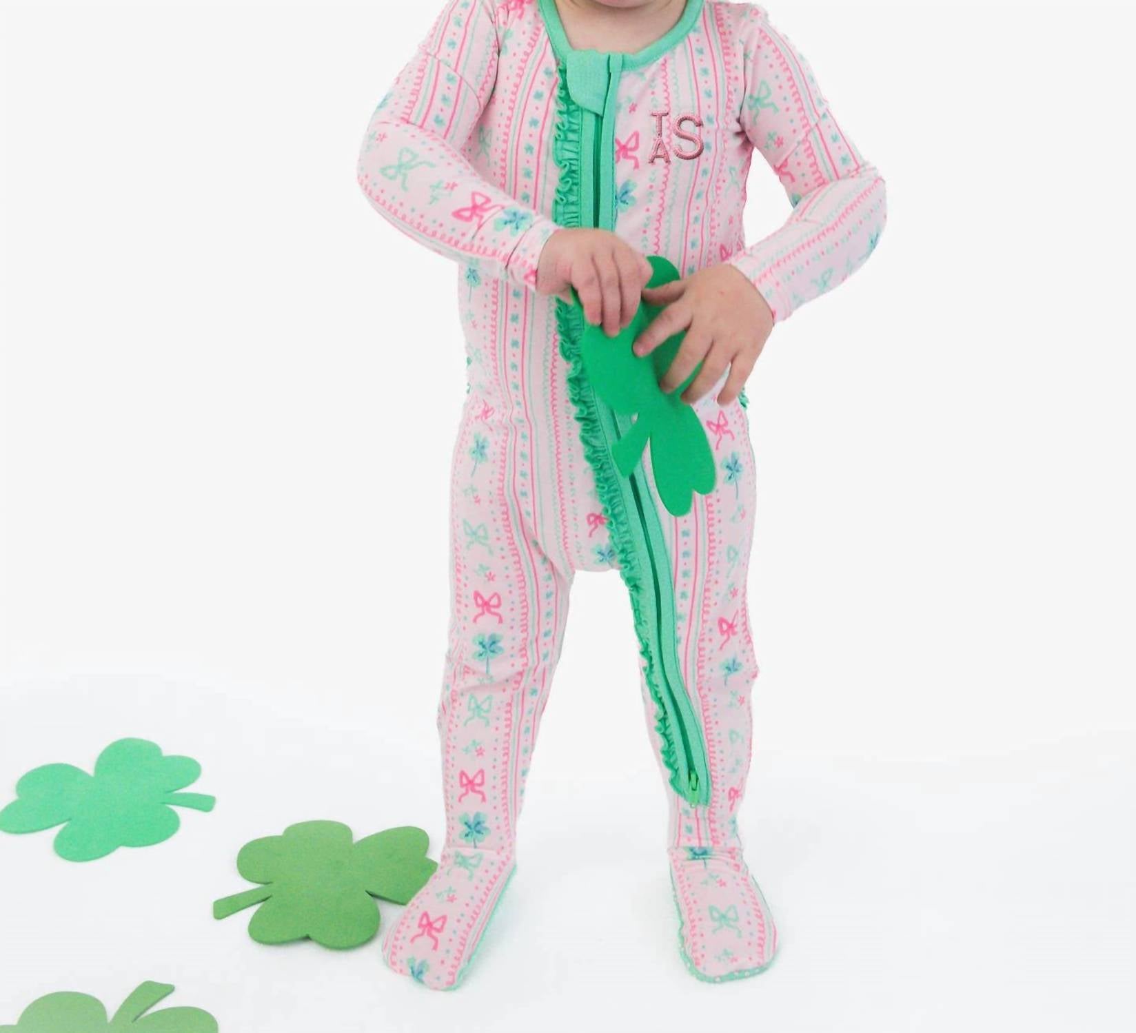 RuffleButts Baby Girl's Clover Bows & Wishes Footed Ruffle One-piece Pajama in pink - kids' item - view 5