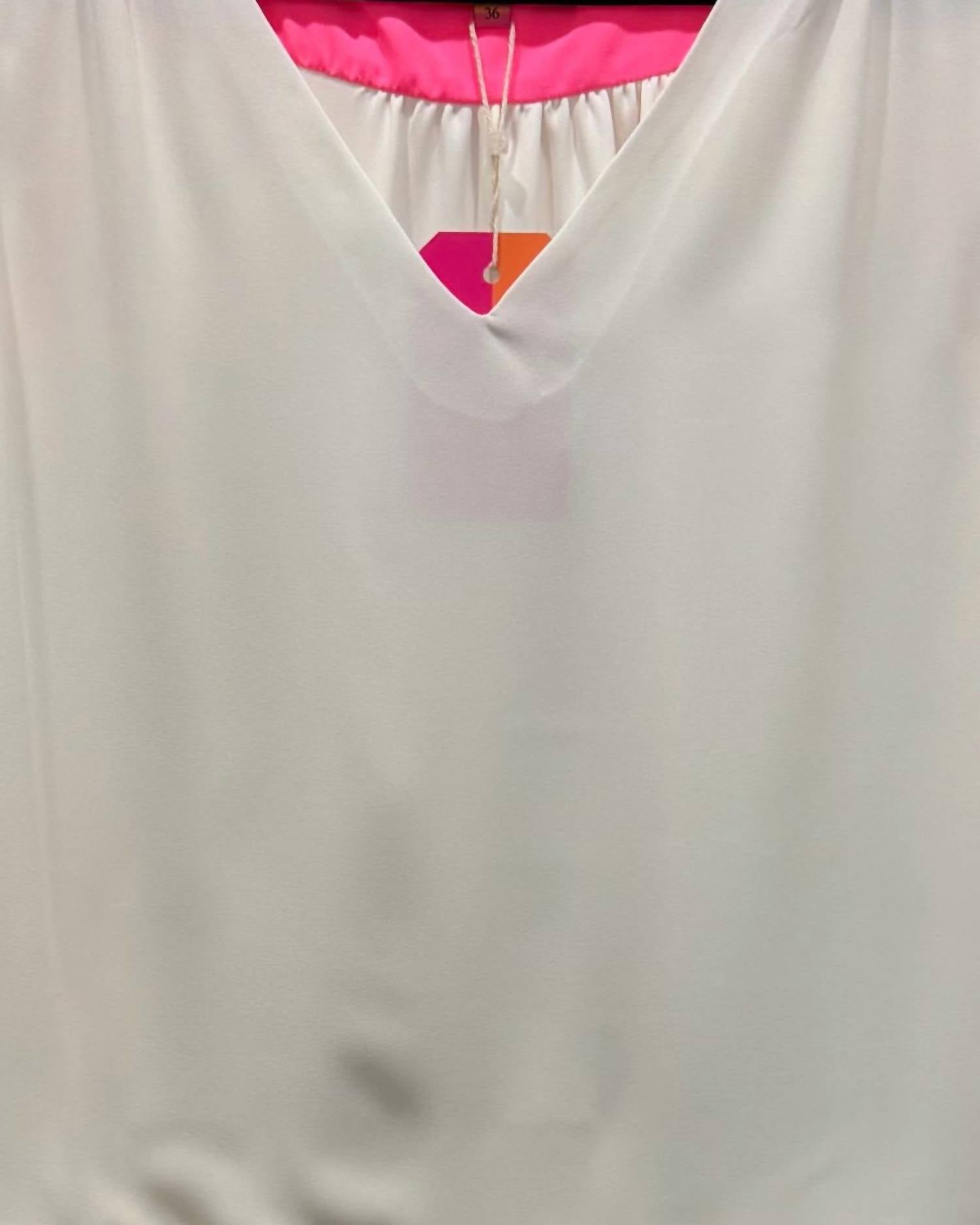 Vilagallo Women's V-neck Sleeveless Top in white pink - women's blouse - detail view