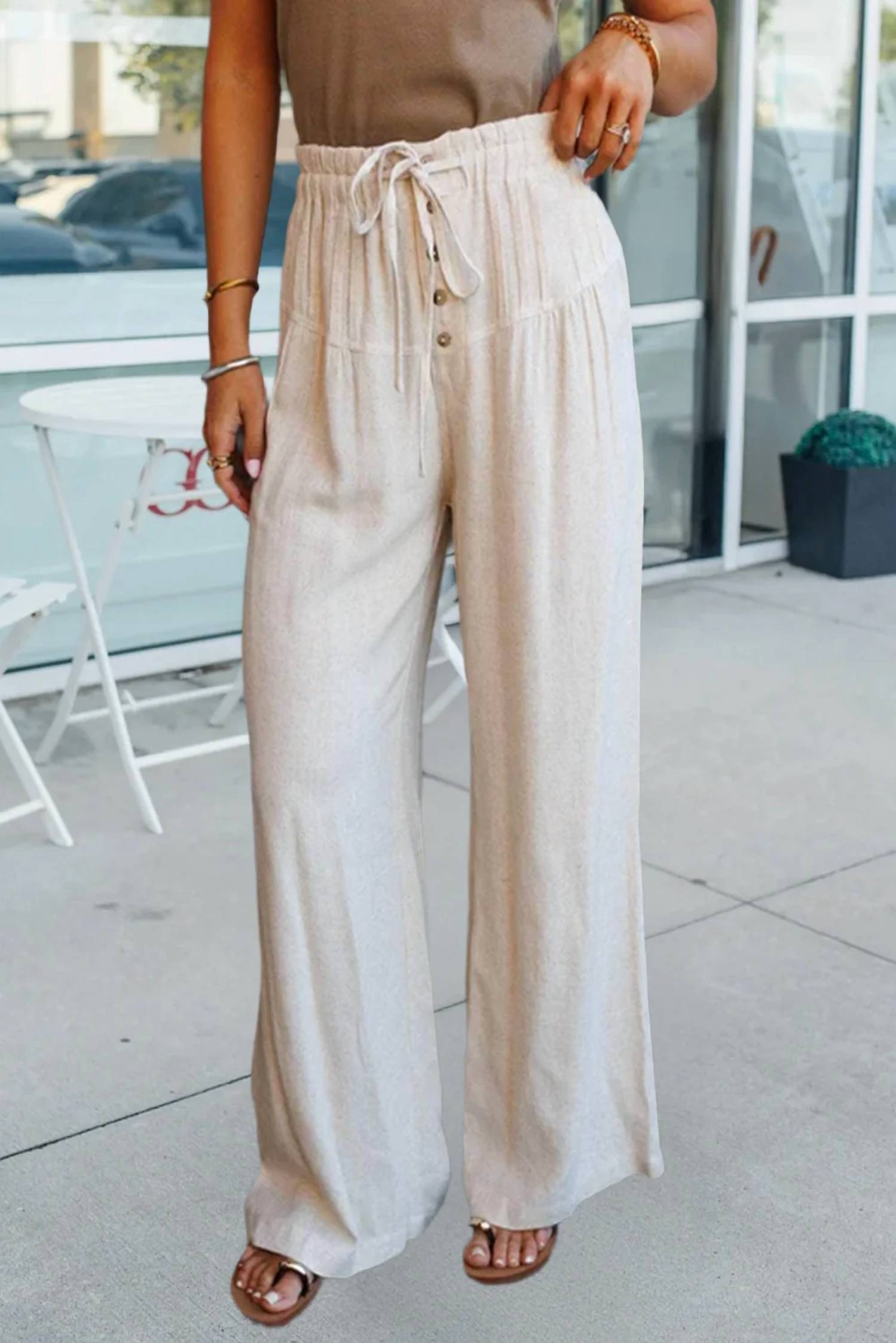66Disco - Elastic Waist Button Pleated Detail Wide Leg Pants