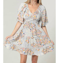 ANGIE Smocked Bodice V Neck Lace Trim Short Sleeve Dress in blue multi - women's dress