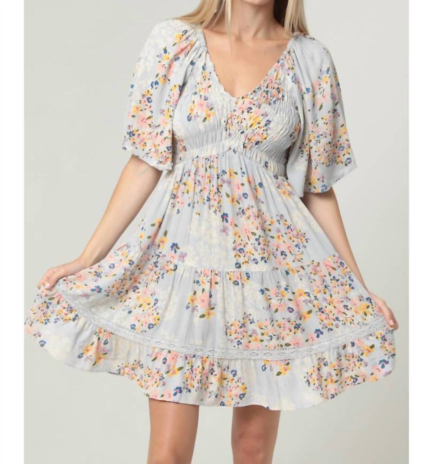 ANGIE Smocked Bodice V Neck Lace Trim Short Sleeve Dress in blue multi - women's dress