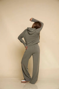 FUNDAMENTAL COAST Later On Ribbed Pullover Hoodie in fatigue - women's top - detail view