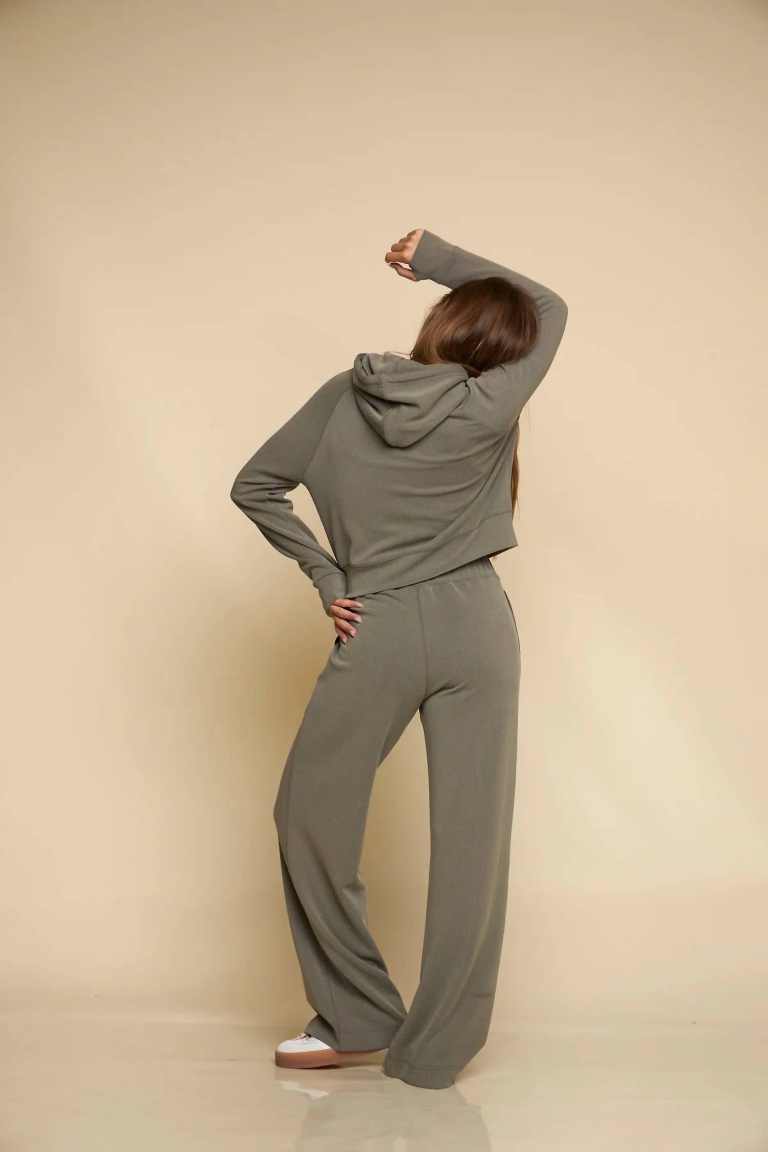 FUNDAMENTAL COAST Later On Ribbed Pullover Hoodie in fatigue - women's top - detail view
