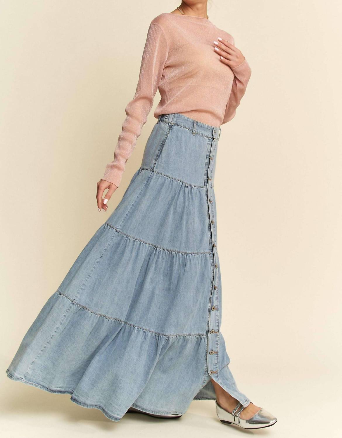 Davi & Dani - Button Front Ruffle Hem Maxi Skirt
