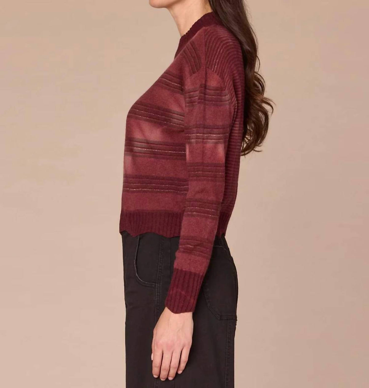Democracy - Wavy Scallop Hem Stripe Mix Tie Dye Sweater