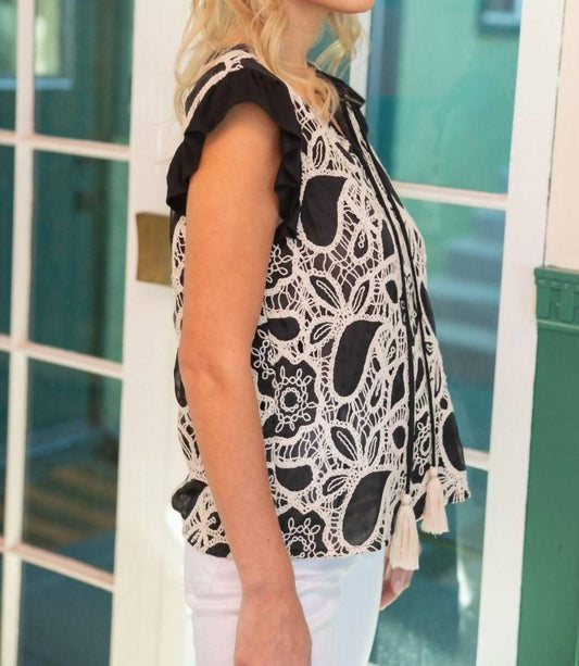 Voy - Piasley Embroidered Front Self Tie Tassled Top