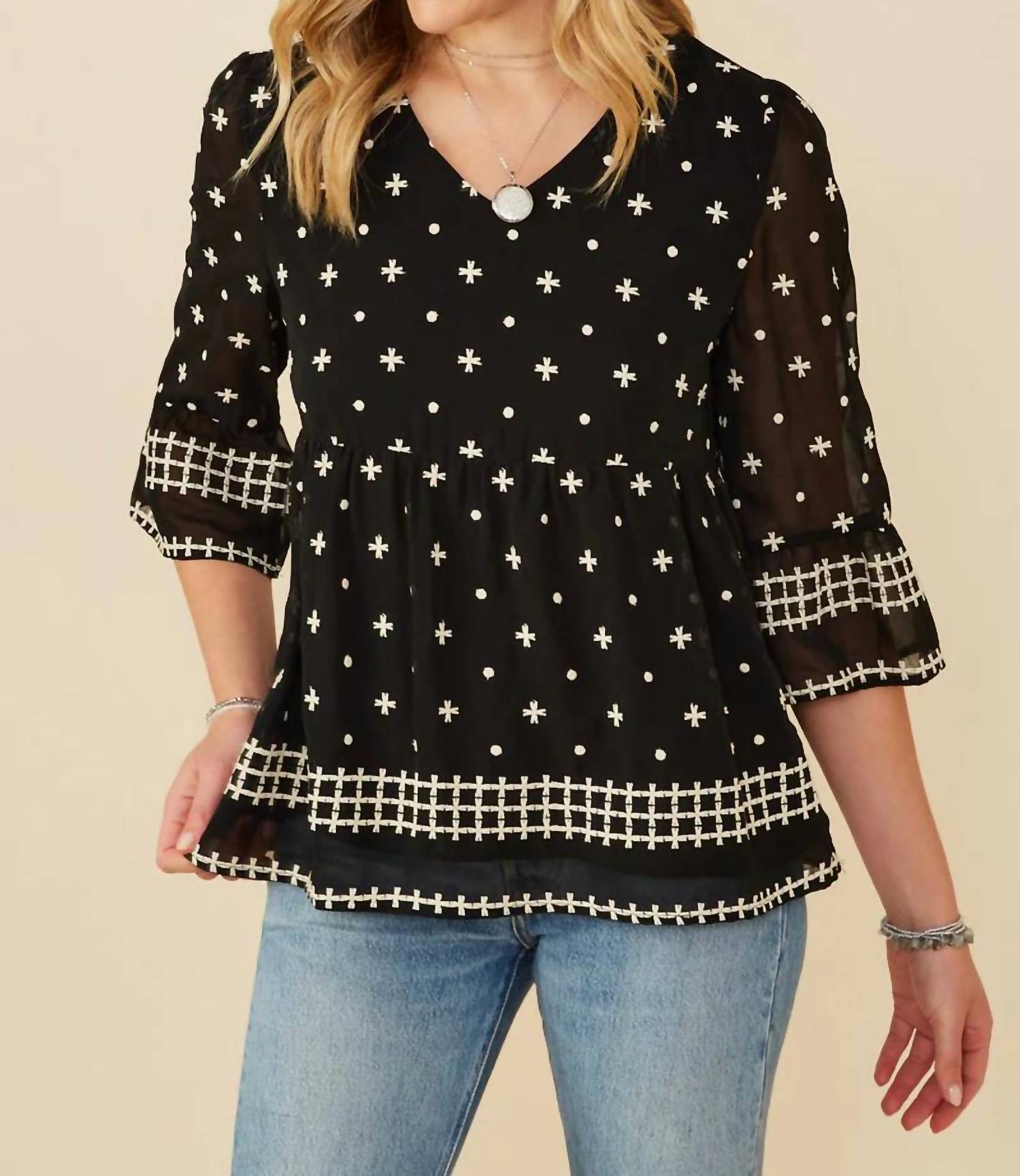 Hayden La - Tulip Sleeve Embroidered Border Blouse