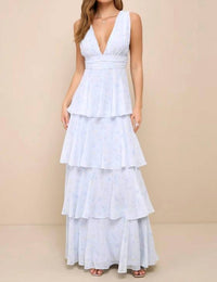 Lulus Amazing Evening Floral Tiered Maxi Dress in light blue - women's dress