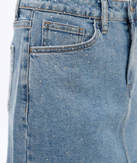 Bayeas - Mid Rise Rhinestone Denim Mini Skirt