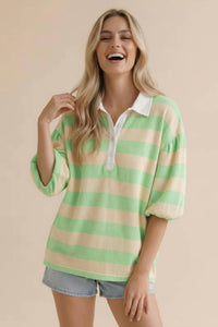 Haptics - Women's Stripe Button Down Bubble Sleeve Knit Top
