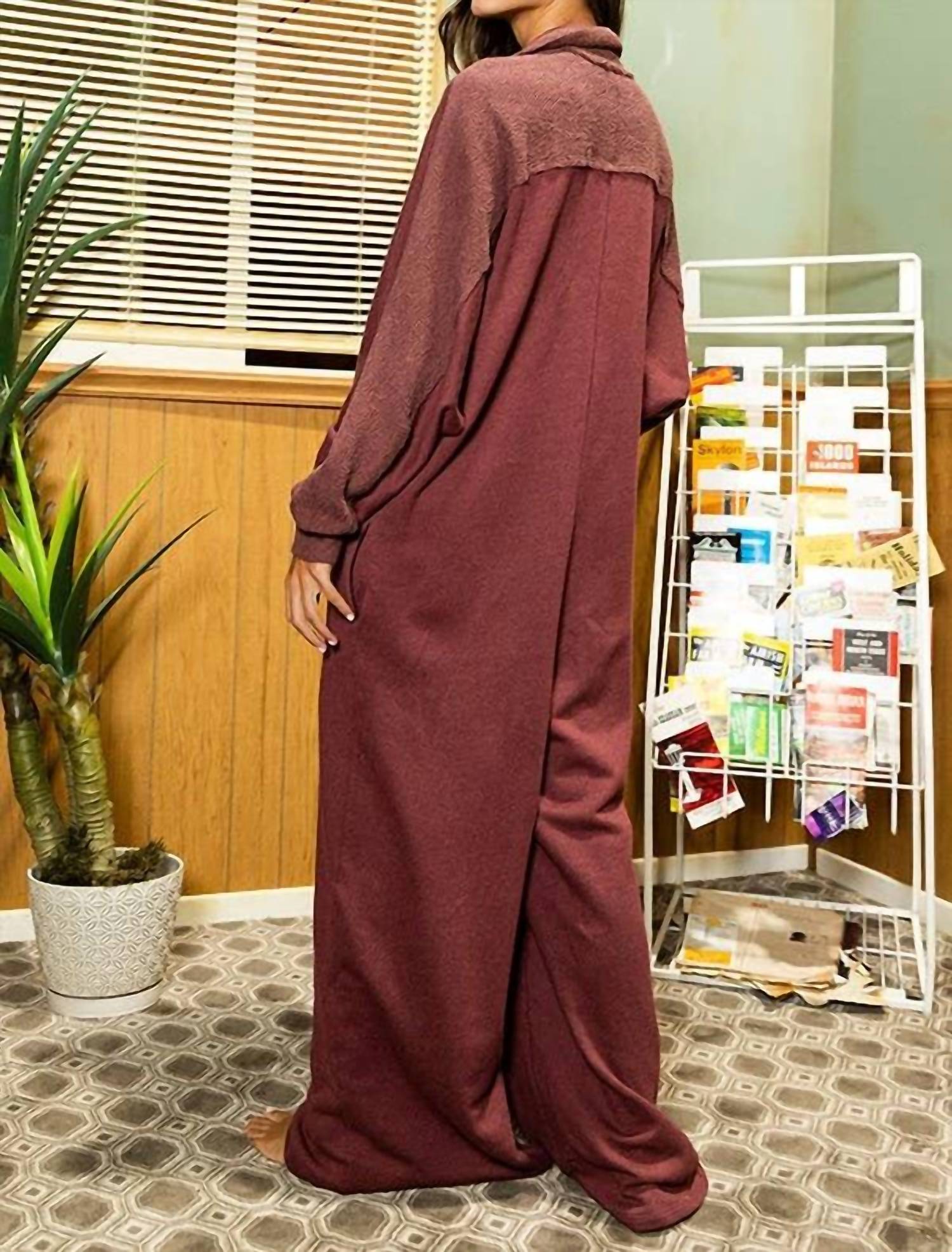 BUCKETLIST Oversized French Terry Romper in burgundy - women's pants - alternate view