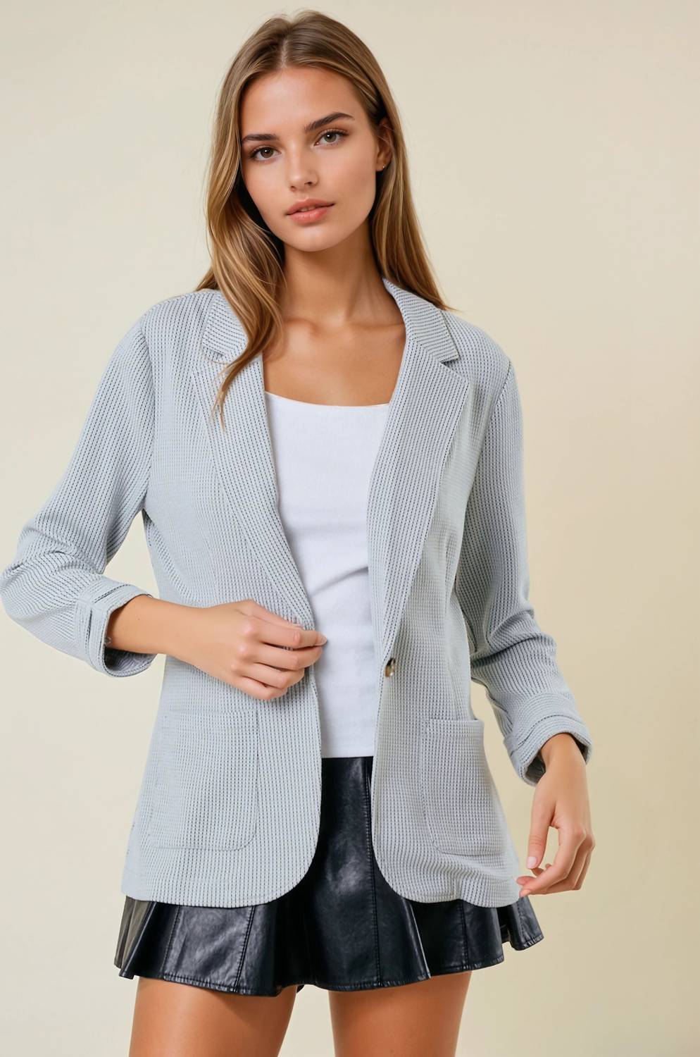 Doe and Rae Shirred Sleeve Textured Blazer in grey - women's jacket - alternate view