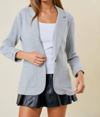 Doe and Rae Shirred Sleeve Textured Blazer in grey - women's jacket - detail view