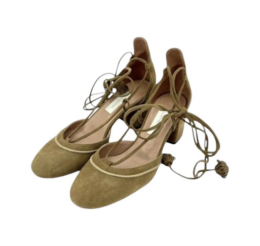 L'Autre Chose - Women's Camel Suede Leather Tasseled Ankle Wrap Heels