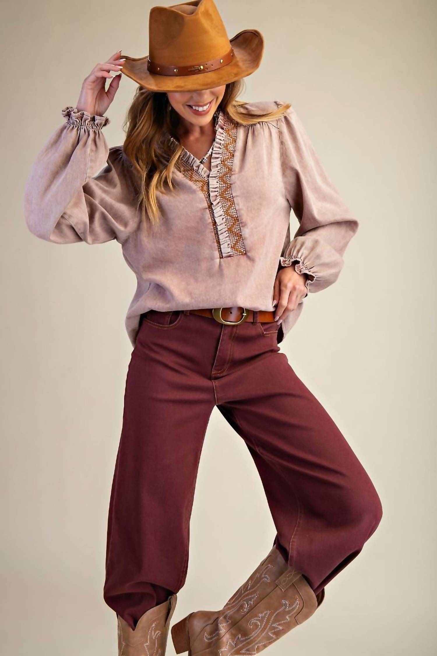 Easel - Dusty Long Puff Sleeves Top