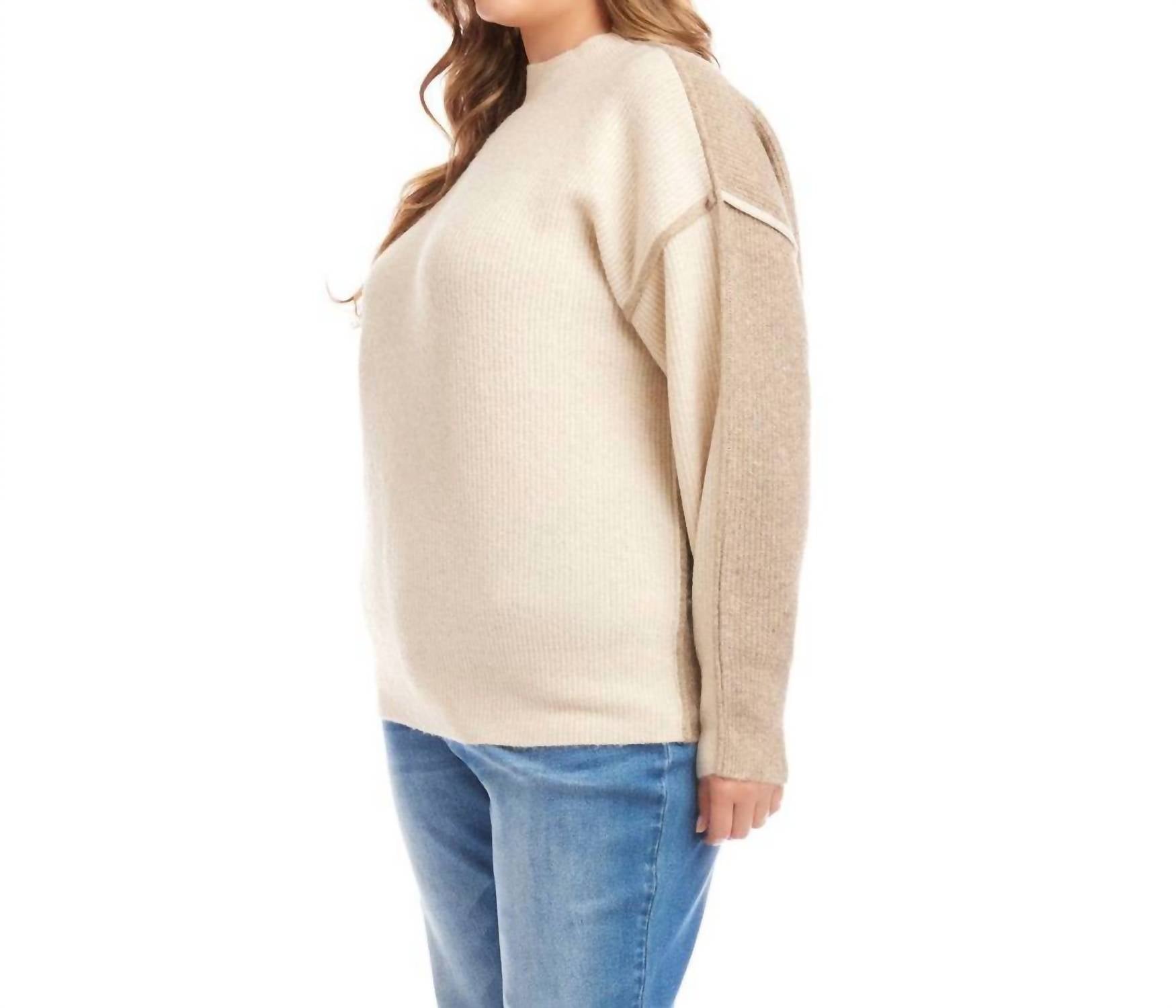 Karen Kane Colorblock Mock Neck Sweater - Plus in sand with earth - women's sweater - detail view