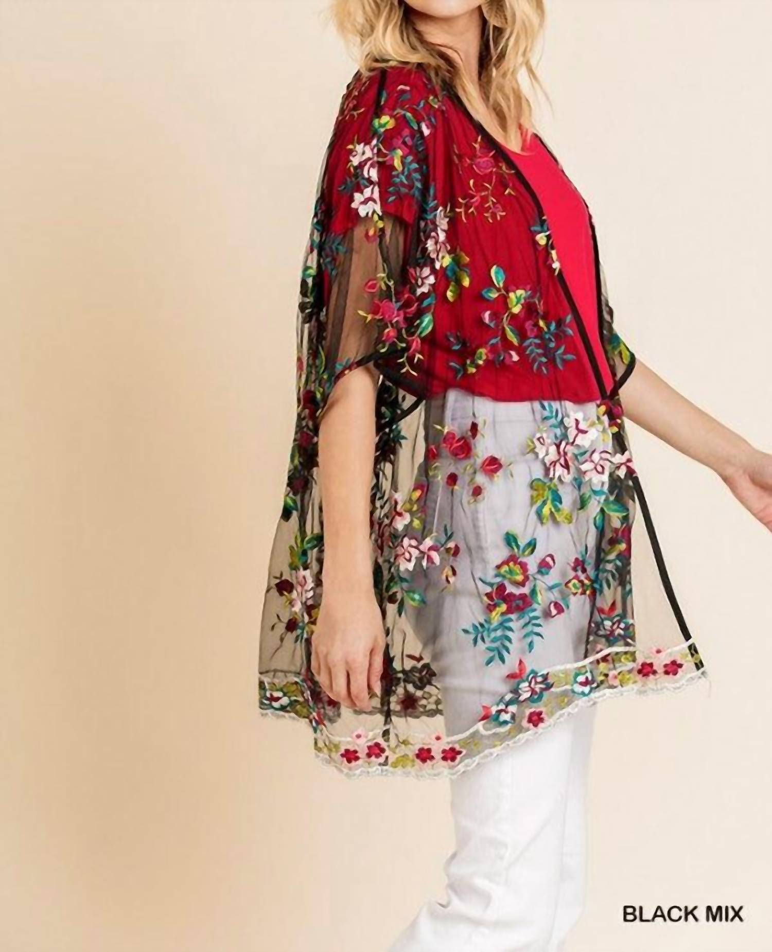 Umgee - Floral Embroidered Sheer Mesh Kimono