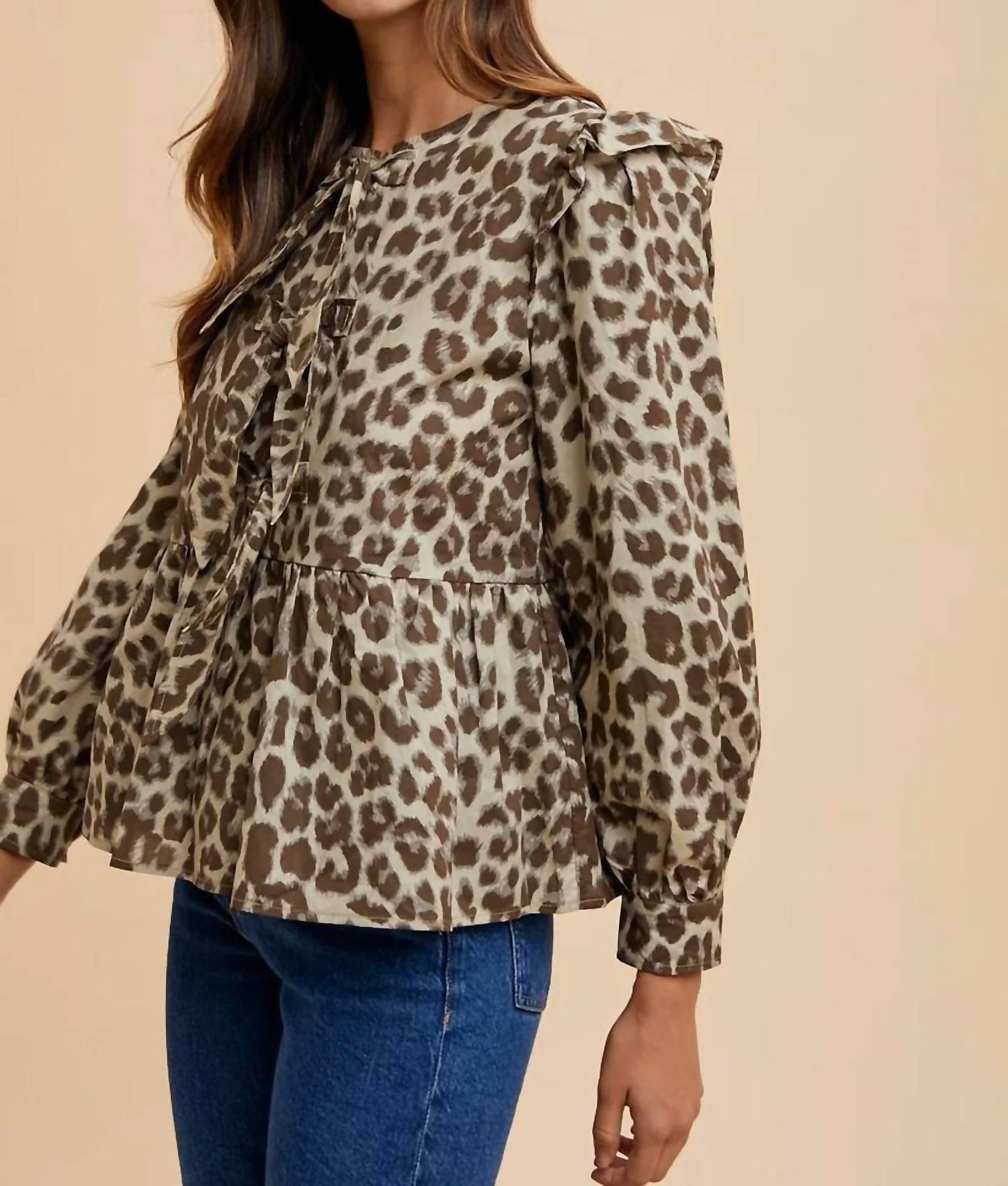 Anniewear - Becca Tied Leopard Peplum Blouse