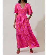 SUGARLIPS Inara Floral Evianna Button Down Flutter Maxi Dress in magenta multicolor - women's dress
