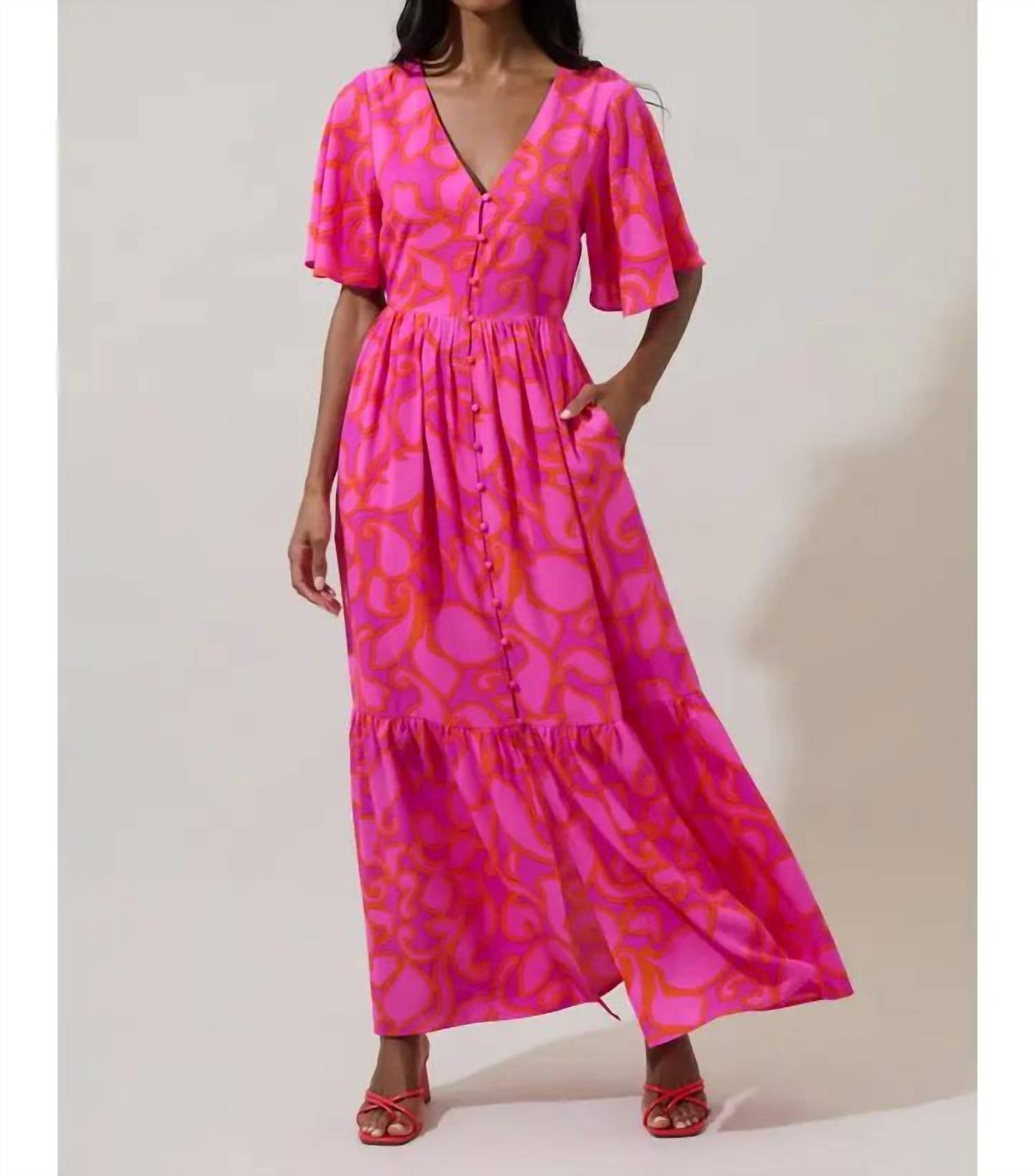SUGARLIPS Inara Floral Evianna Button Down Flutter Maxi Dress in magenta multicolor - women's dress
