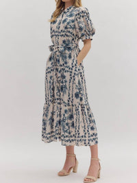 Entro - Puff Sleeves & Tie Waist Floral Midi Dress