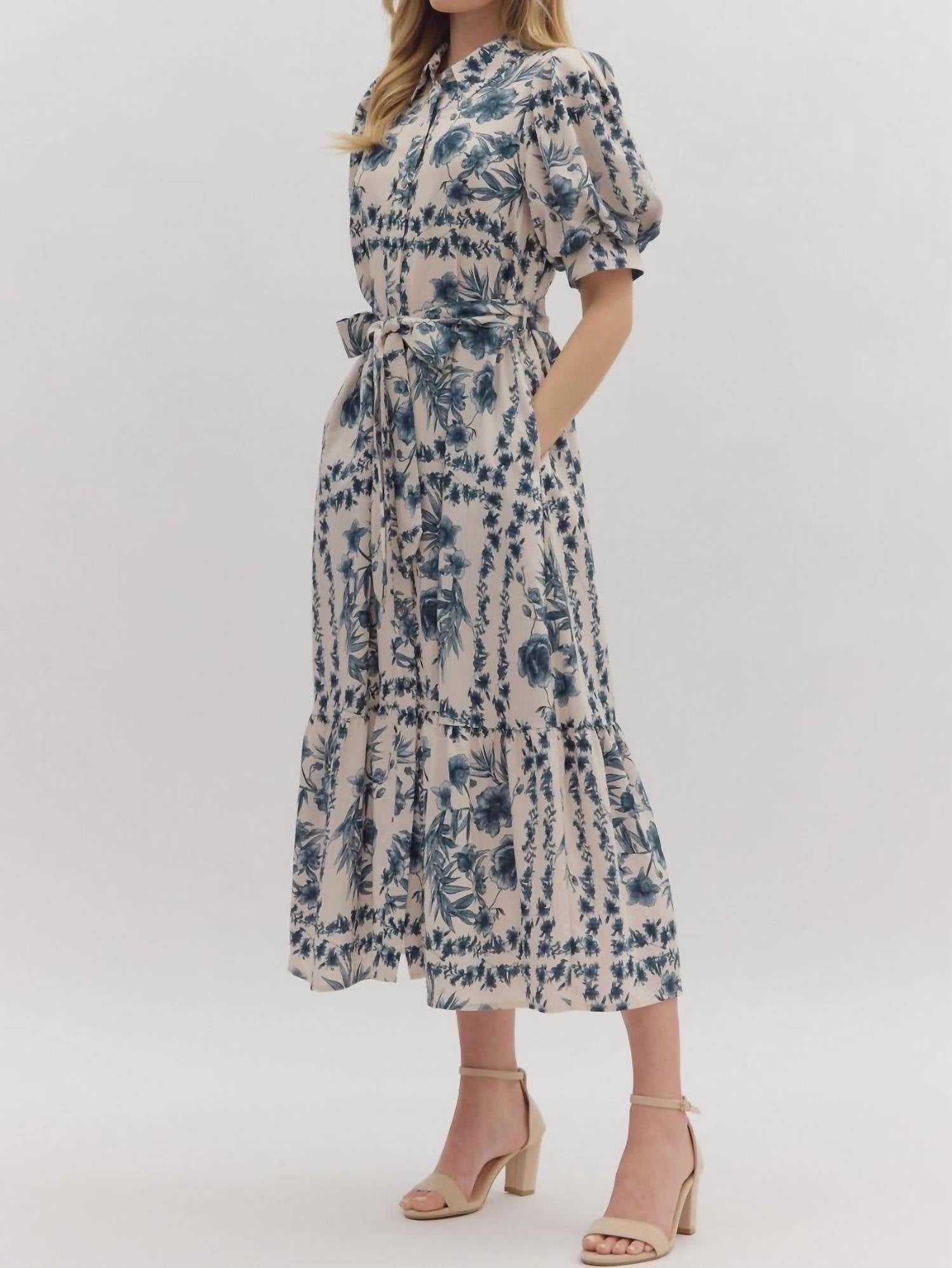Entro - Puff Sleeves & Tie Waist Floral Midi Dress