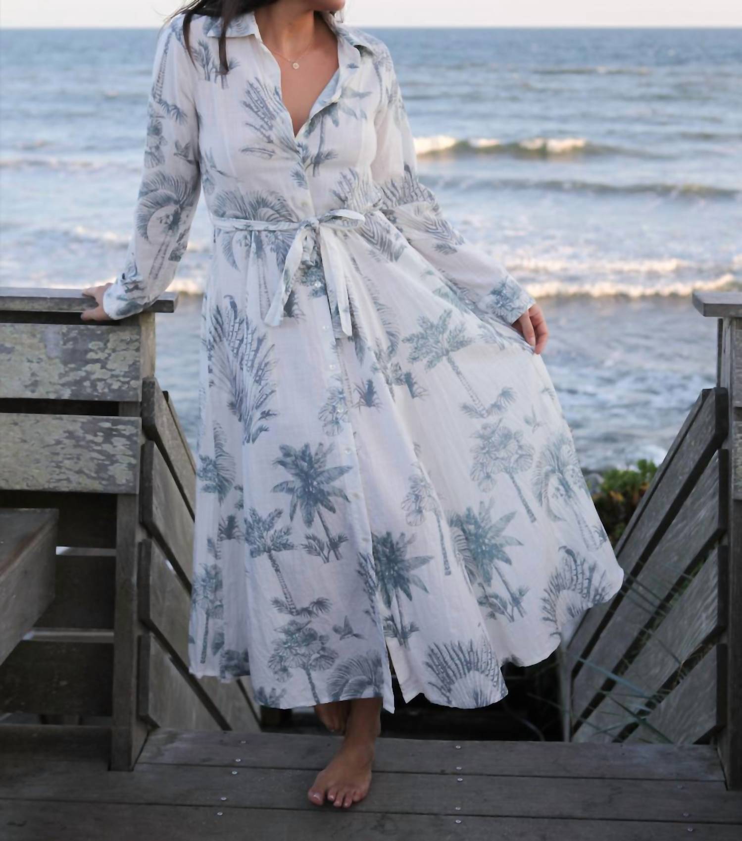NIBI MTK Sierra Dress in faded teal palms - women's dress - detail view