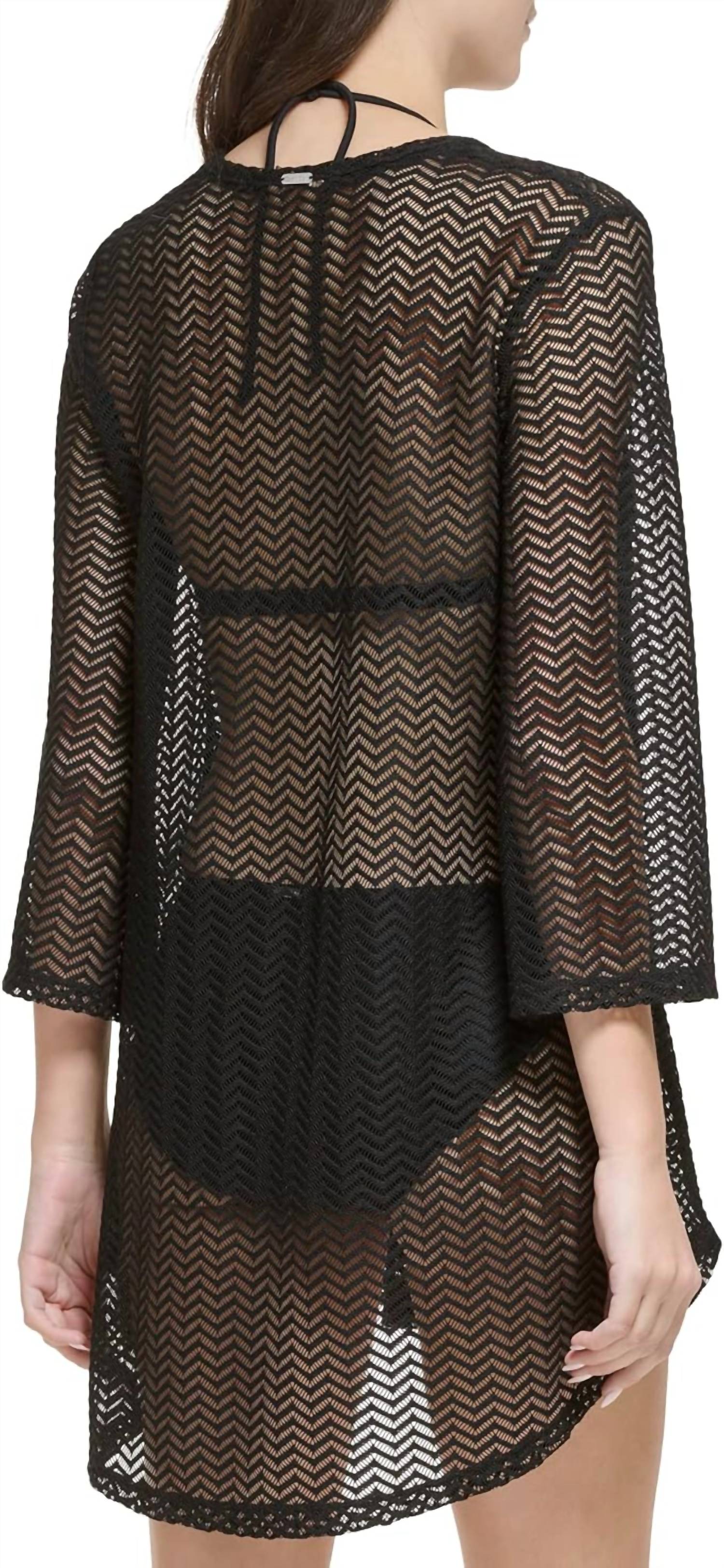 CALVIN KLEIN Swim 3/4 Sleeve Open Knit Cover Up in black - women's swimwear - alternate view