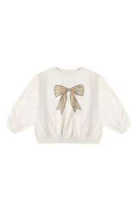 Rylee + Cru Kid's Bow Oversize Cotton Blend Graphic Sweatshirt in natural - kids' shirt - detail view