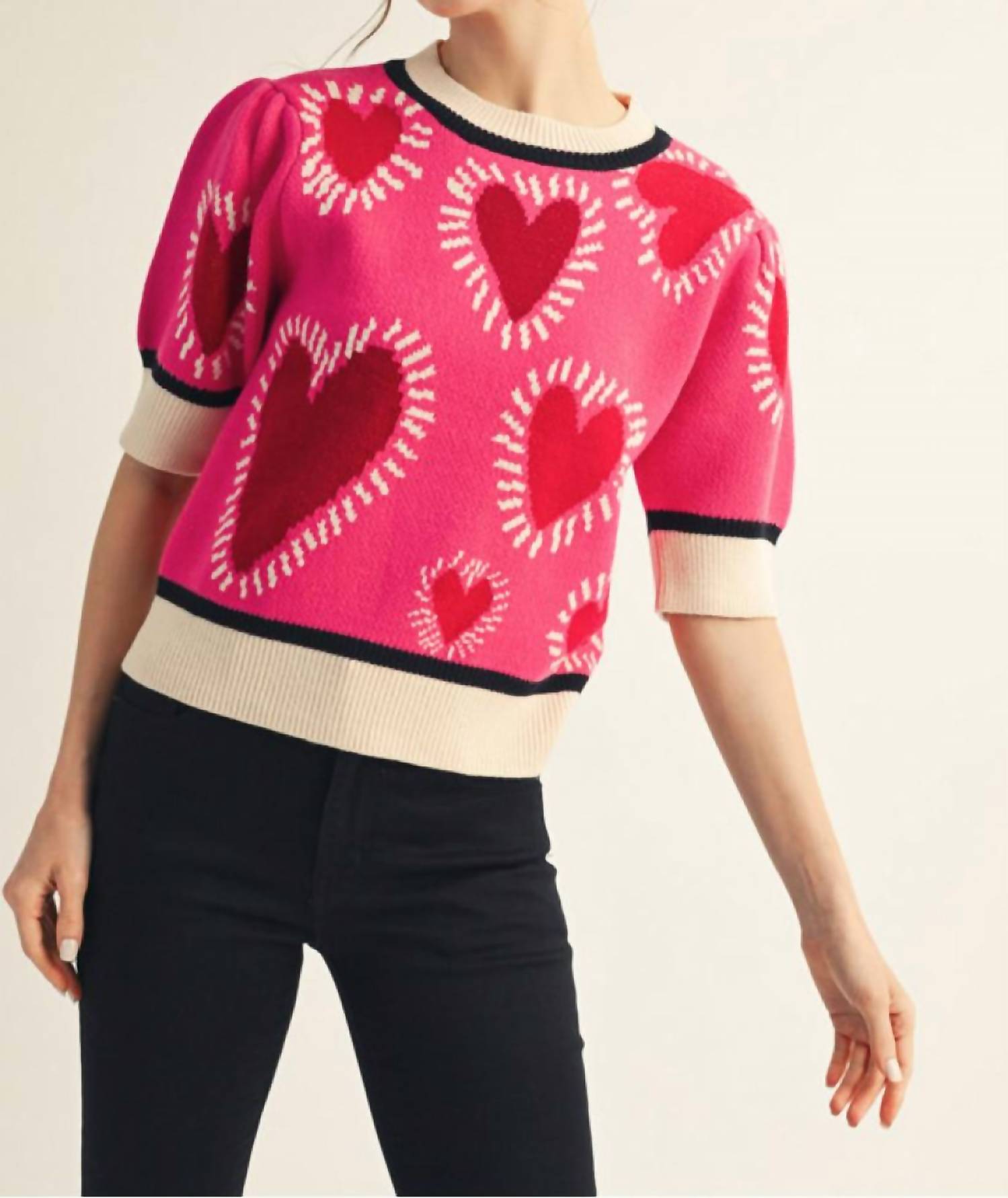 Jodifl Short Puff Sleeves Lovely Heart Sweater Top in hot pink - women's sweater
