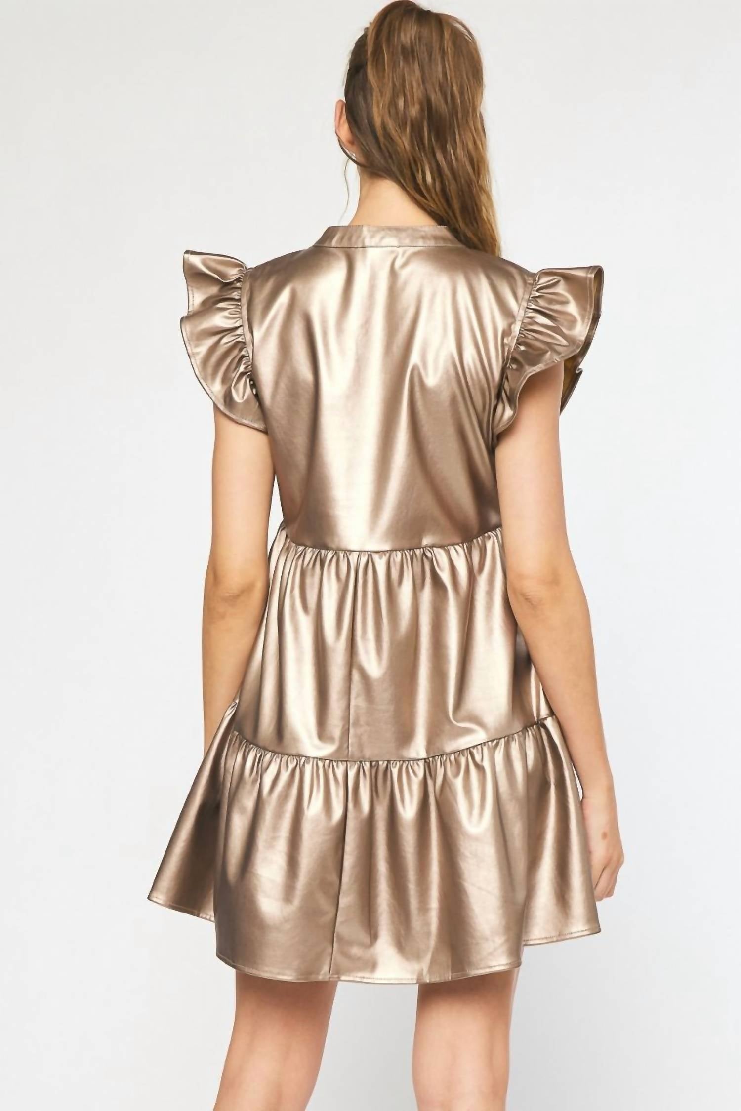 ee:some Faux Leather Mini Dress in gold - women's dress - detail view