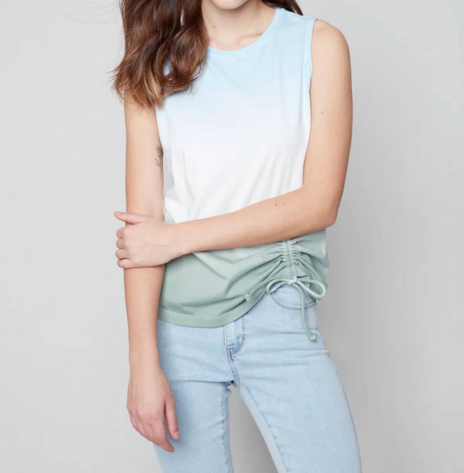 CHARLIE B Sleeveless Round Neck Cotton Top in cerulean 1 - women's tank top - detail view