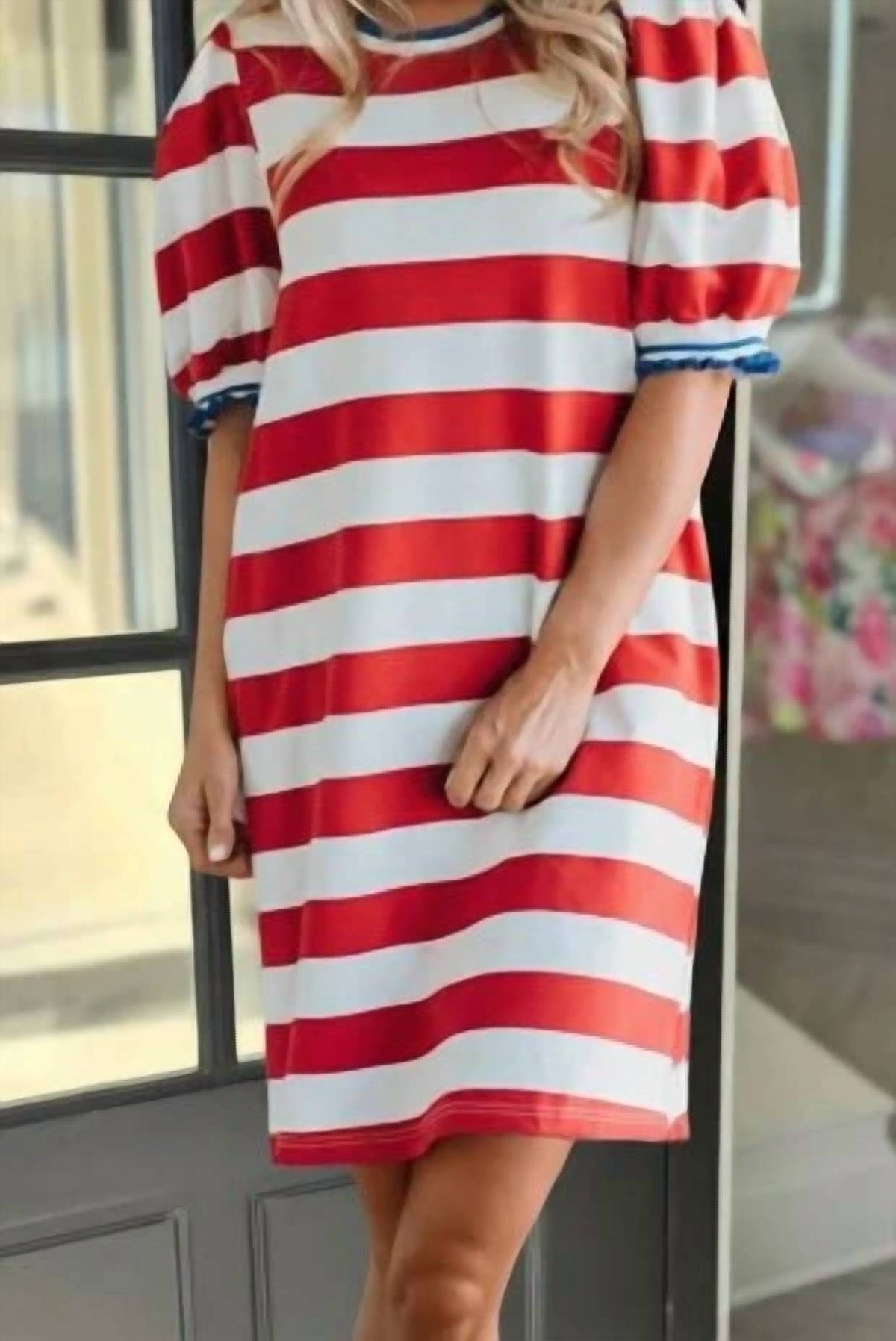 Shewin - Stripe Contrast Trim Round Neck Short Puff Sleeve Dress
