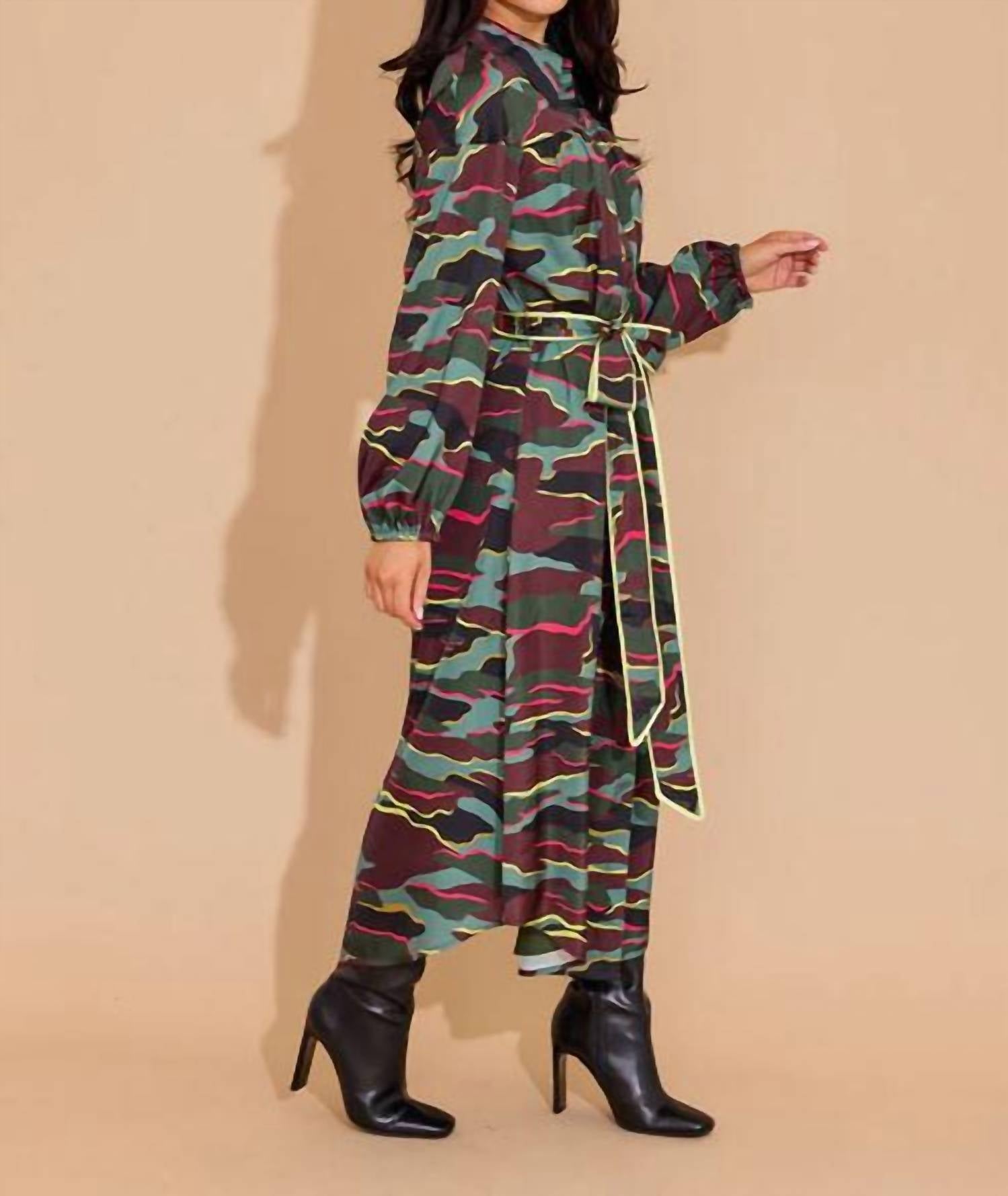 Alden Adair Jane Long Sleeve Dress in neon camo - women's dress - detail view
