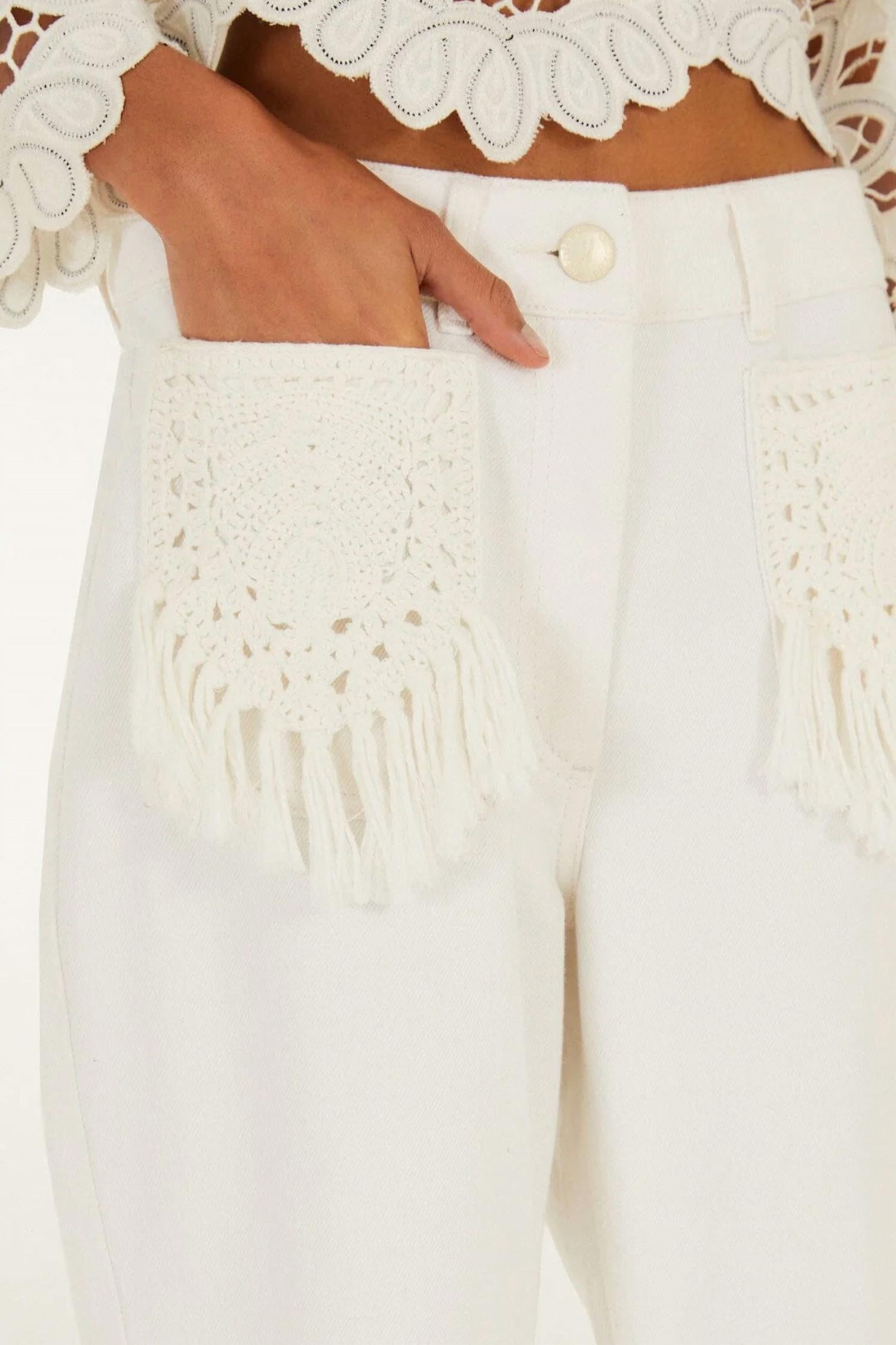Farm Rio - Twill Pants Pocket Fringe Pants